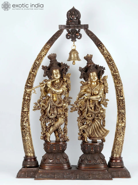 44" Brass Radha-Krishna Statues within an Aureole Engraved with Krishnaleela Episodes