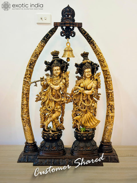 44" Brass Radha-Krishna Statues within an Aureole Engraved with Krishnaleela Episodes
