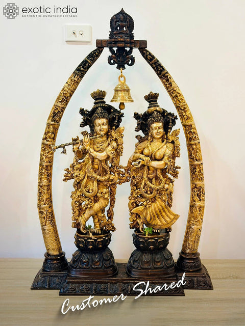 44" Brass Radha-Krishna Statues within an Aureole Engraved with Krishnaleela Episodes