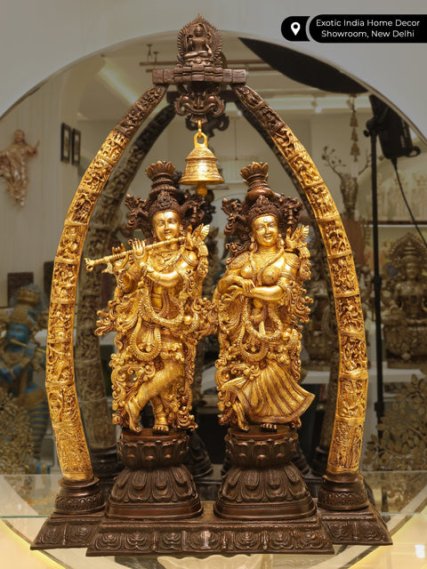 44" Brass Radha-Krishna Statues within an Aureole Engraved with Krishnaleela Episodes