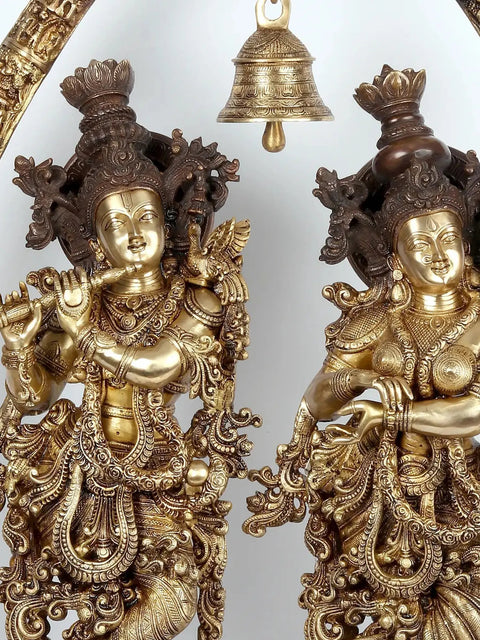 44" Brass Radha-Krishna Statues within an Aureole Engraved with Krishnaleela Episodes