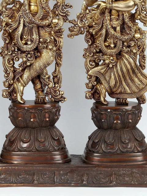 44" Brass Radha-Krishna Statues within an Aureole Engraved with Krishnaleela Episodes
