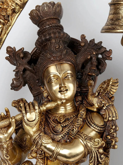 44" Brass Radha-Krishna Statues within an Aureole Engraved with Krishnaleela Episodes