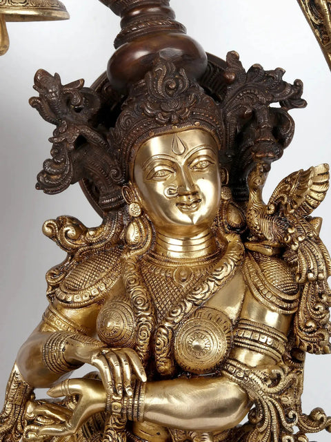 44" Brass Radha-Krishna Statues within an Aureole Engraved with Krishnaleela Episodes