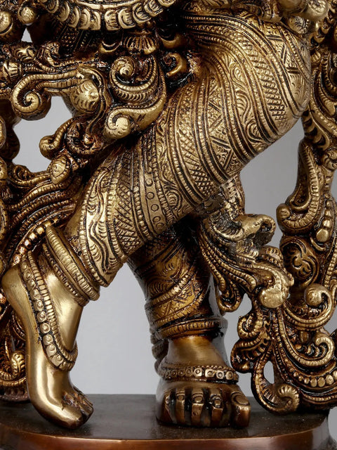 44" Brass Radha-Krishna Statues within an Aureole Engraved with Krishnaleela Episodes