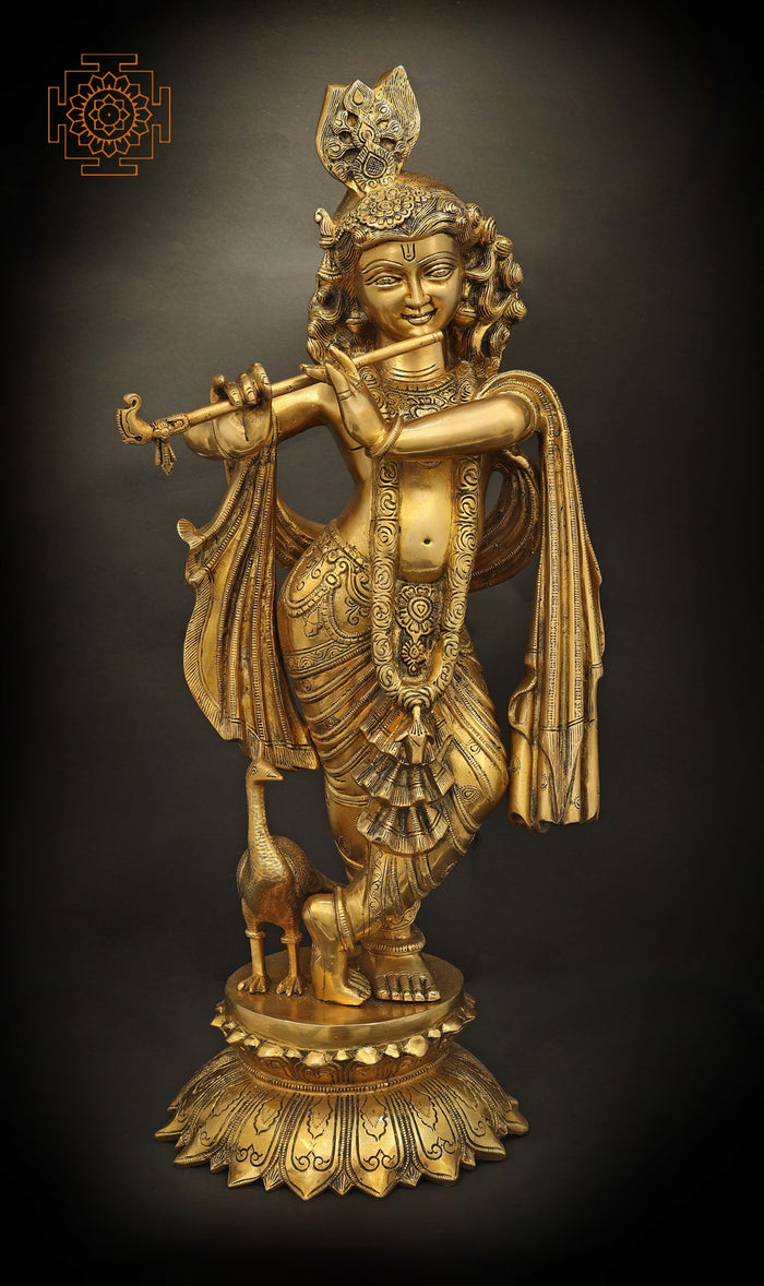 26" Brass Lord Krishna Statue Playing Flute Handcrafted Idol