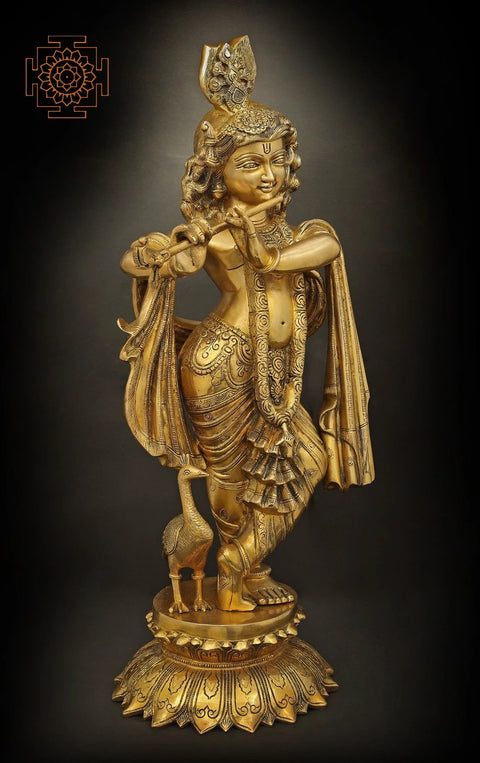 26" Brass Lord Krishna Statue Playing Flute | Indian Handcrafted Idol