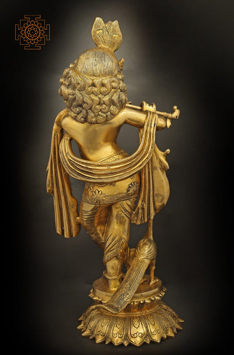 26" Brass Lord Krishna Statue Playing Flute | Indian Handcrafted Idol