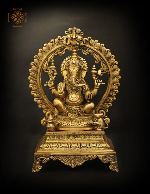 13" Four Armed Lord Ganesha Seated on Throne In Brass | Handmade | Made In India