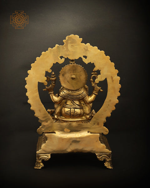 13" Four Armed Lord Ganesha Seated on Throne In Brass | Handmade | Made In India