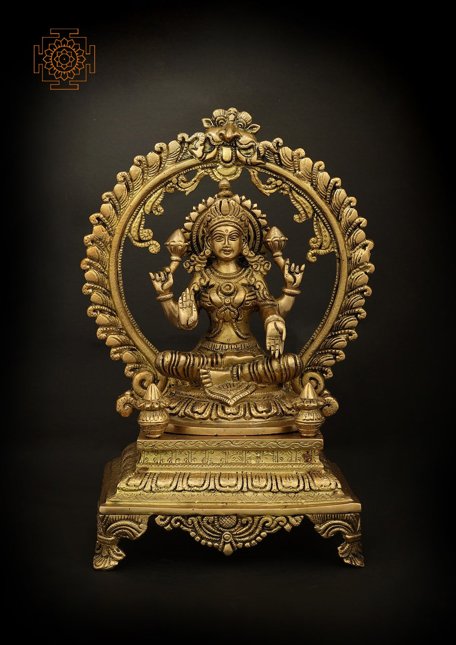 13" Handmade Chaturbhujadharini Devi Lakshmi Brass Statue on High Plinth