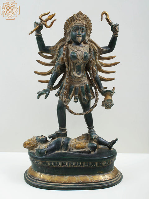 17" Four Armed Goddess Kali Standing on Shiva | Handmade Brass Statue from India