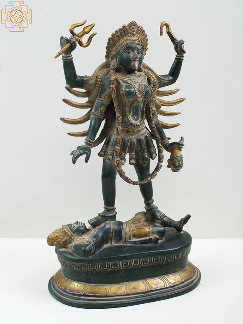 17" Four Armed Goddess Kali Standing on Shiva | Handmade Brass Statue from India