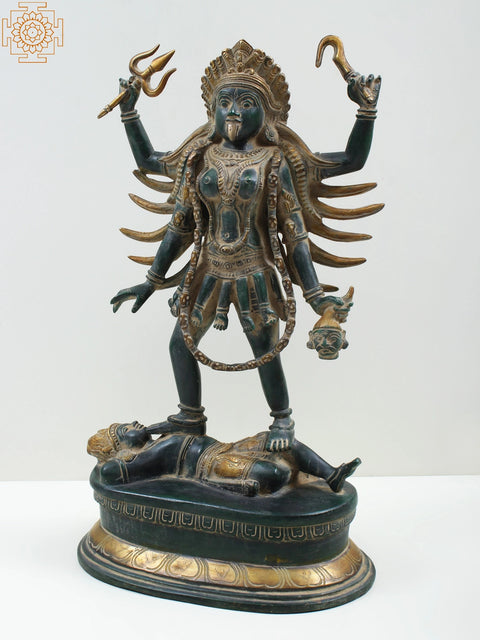 17" Four Armed Goddess Kali Standing on Shiva | Handmade Brass Statue from India