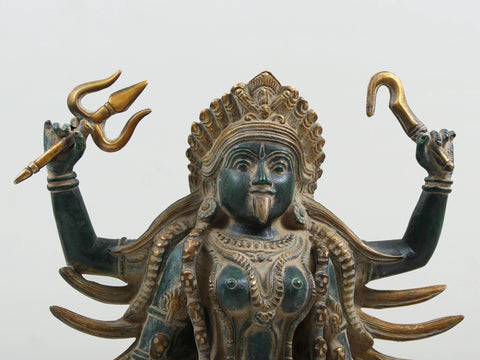 17" Four Armed Goddess Kali Standing on Shiva | Handmade Brass Statue from India