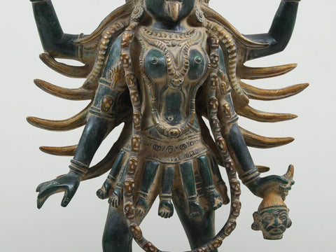 17" Four Armed Goddess Kali Standing on Shiva | Handmade Brass Statue from India