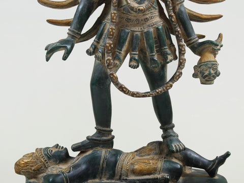 17" Four Armed Goddess Kali Standing on Shiva | Handmade Brass Statue from India