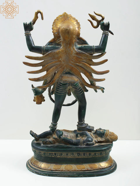 17" Four Armed Goddess Kali Standing on Shiva | Handmade Brass Statue from India