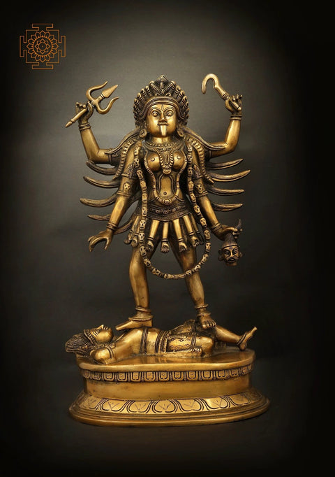 17" Four Armed Goddess Kali Standing on Shiva | Handmade Brass Statue from India