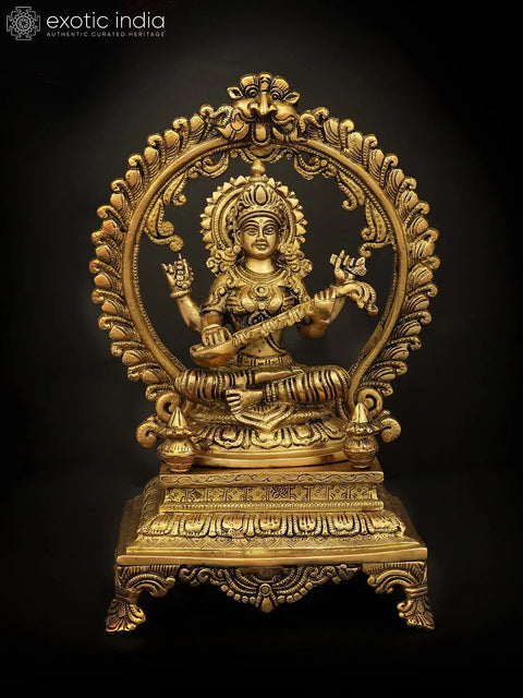 13" Brass Saraswati Statue Seated on a High Plinth | Handmade Spiritual Home Decor