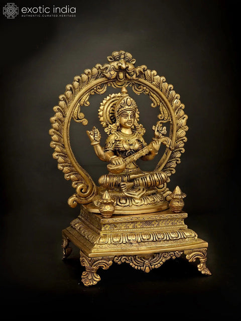 13" Brass Saraswati Statue Seated on a High Plinth | Handmade Spiritual Home Decor