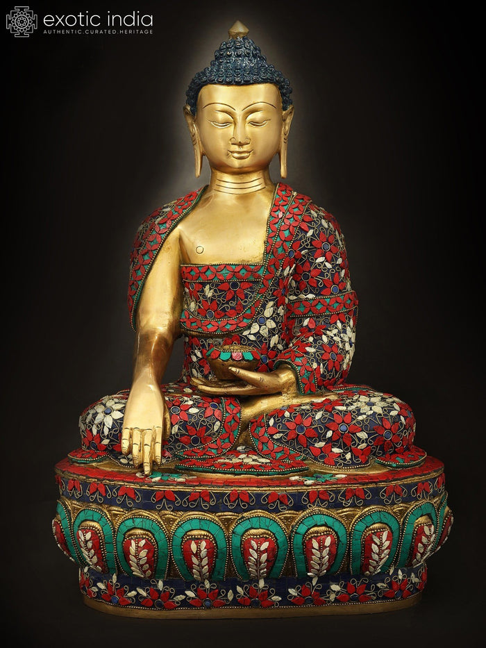 13" Handmade Buddha Bhumisparsha Mudra Brass Statue