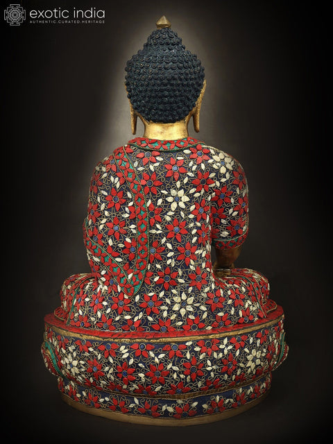 13" Robed Buddha, His Hand in Bhumisparsha Mudra | Handmade Inlay Brass Statue