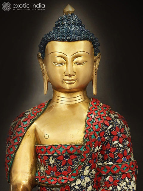 13" Robed Buddha, His Hand in Bhumisparsha Mudra | Handmade Inlay Brass Statue