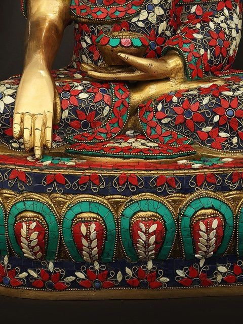 13" Robed Buddha, His Hand in Bhumisparsha Mudra | Handmade Inlay Brass Statue