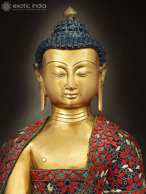 12" Tibetan Buddhist Finely Inlaid Medicine Buddha Idol | Handmade Brass Statue
