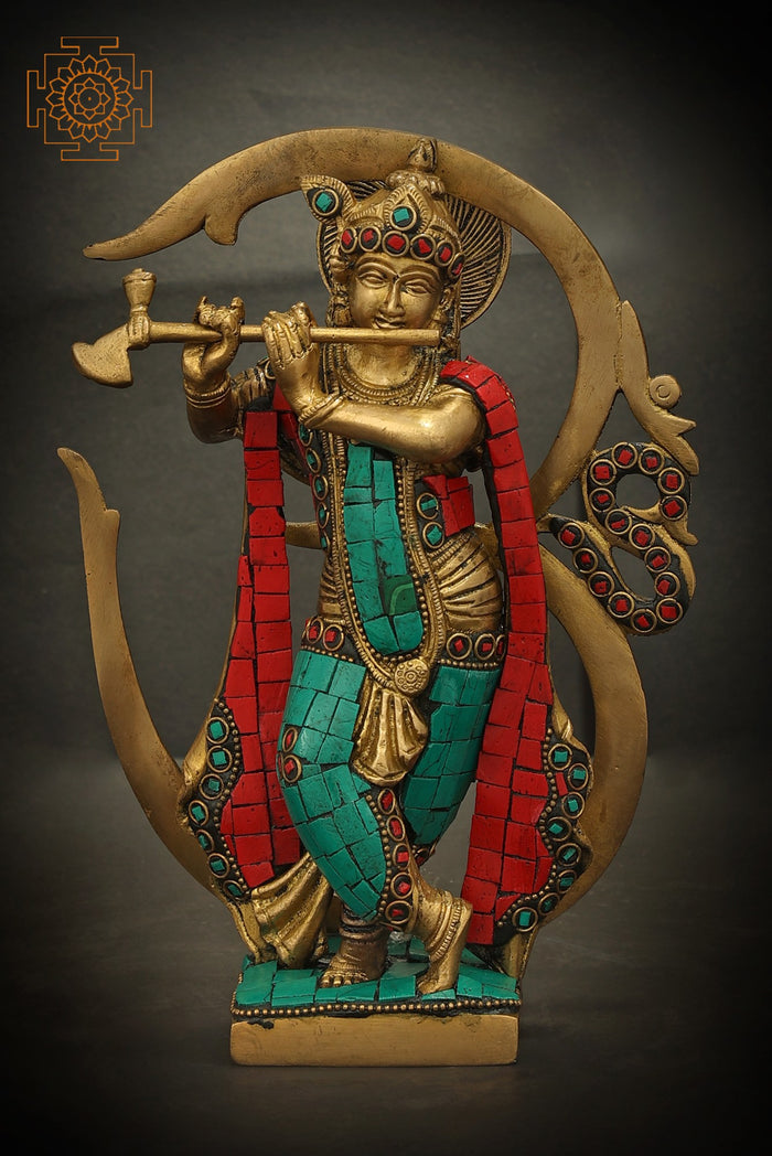 6" Krishna Playing Flute Against The Backdrop of OM In Brass | Handmade | Made In India