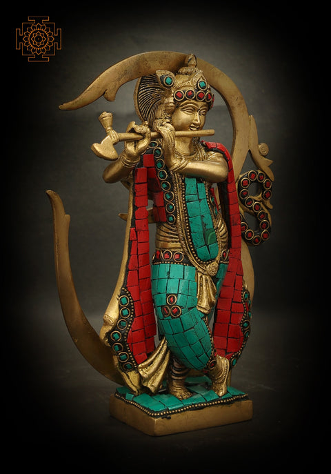 6" Krishna Playing Flute Against The Backdrop of OM In Brass | Handmade | Made In India