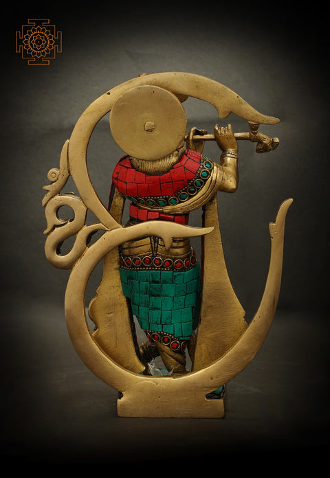 6" Krishna Playing Flute Against The Backdrop of OM In Brass | Handmade | Made In India