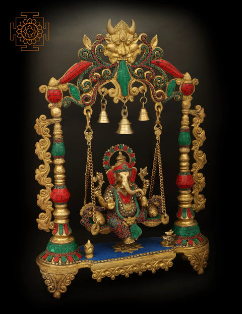 18" Swinging Lord Ganesha with Fine Inlay Stone Work | Handmade Brass Statue