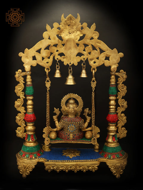 18" Swinging Lord Ganesha with Fine Inlay Stone Work | Handmade Brass Statue
