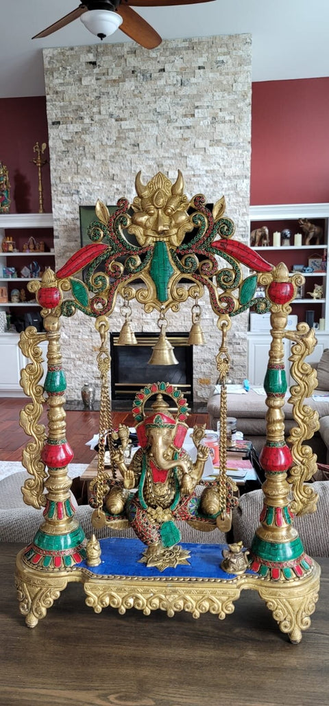 18" Swinging Lord Ganesha with Fine Inlay Stone Work | Handmade Brass Statue