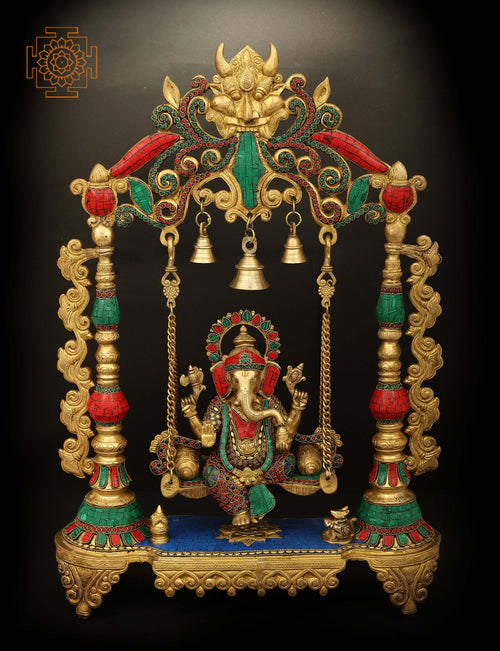 18" Handmade Brass Ganesha Statue with Inlay Stone Work