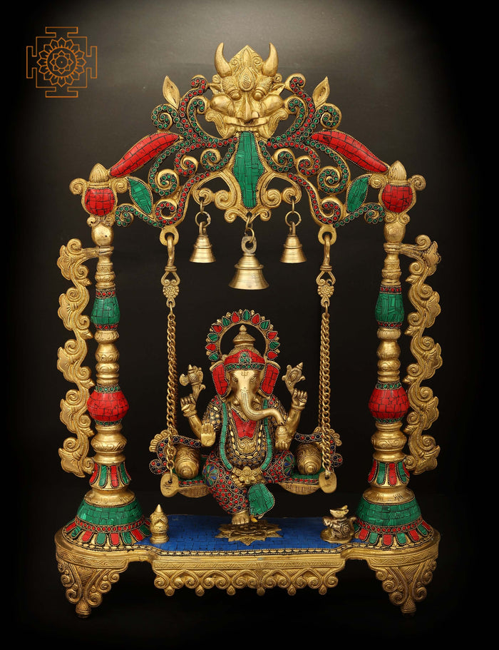 18" Handmade Brass Ganesha Statue with Inlay Stone Work