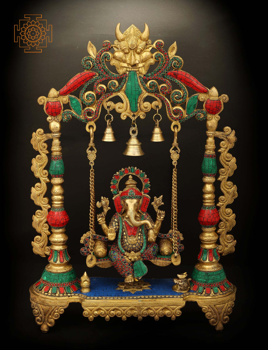 18" Handmade Brass Ganesha Statue with Inlay Stone Work