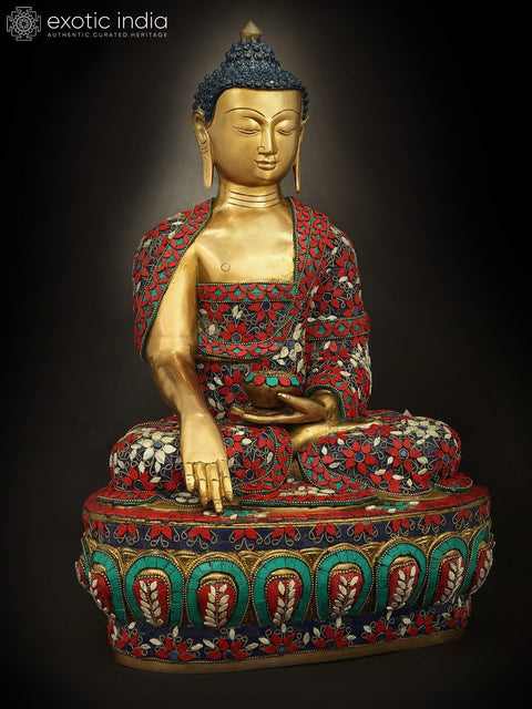 16" Bhumisparsha Buddha Inlay Work Brass Statue | Indian Handcrafted Idol