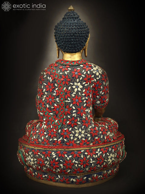 16" Bhumisparsha Buddha Inlay Work Brass Statue | Indian Handcrafted Idol