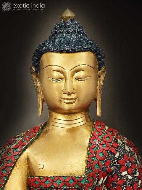 16" Bhumisparsha Buddha Inlay Work Brass Statue | Indian Handcrafted Idol