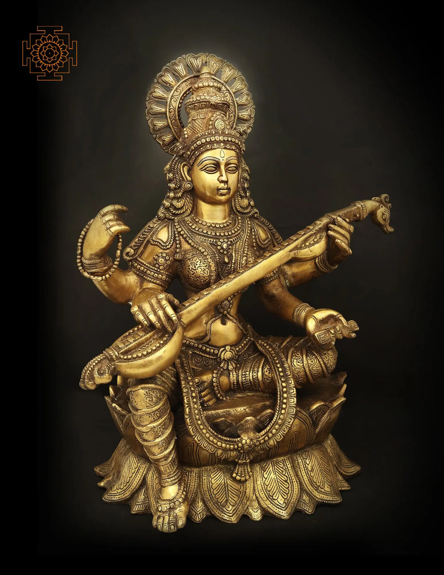 27" Veena Vadini Saraswati Brass Statue Handmade