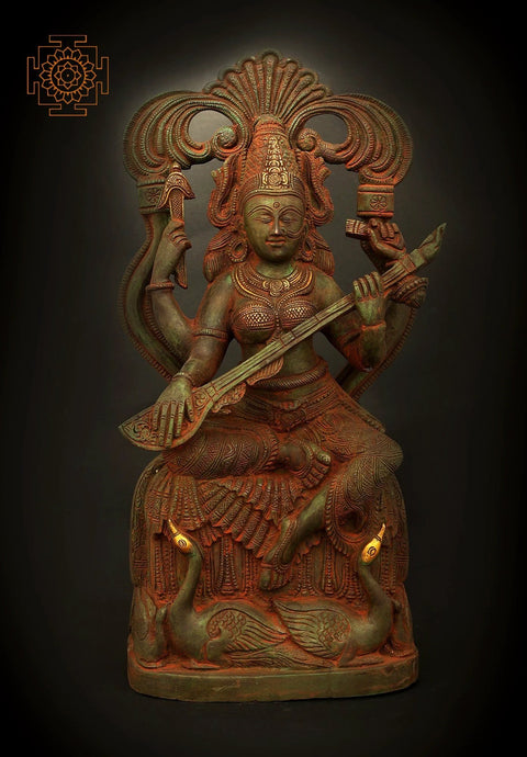 7" Veenadhari Devi Saraswati with Two Swans At Her Feet | Handmade Brass Figurines