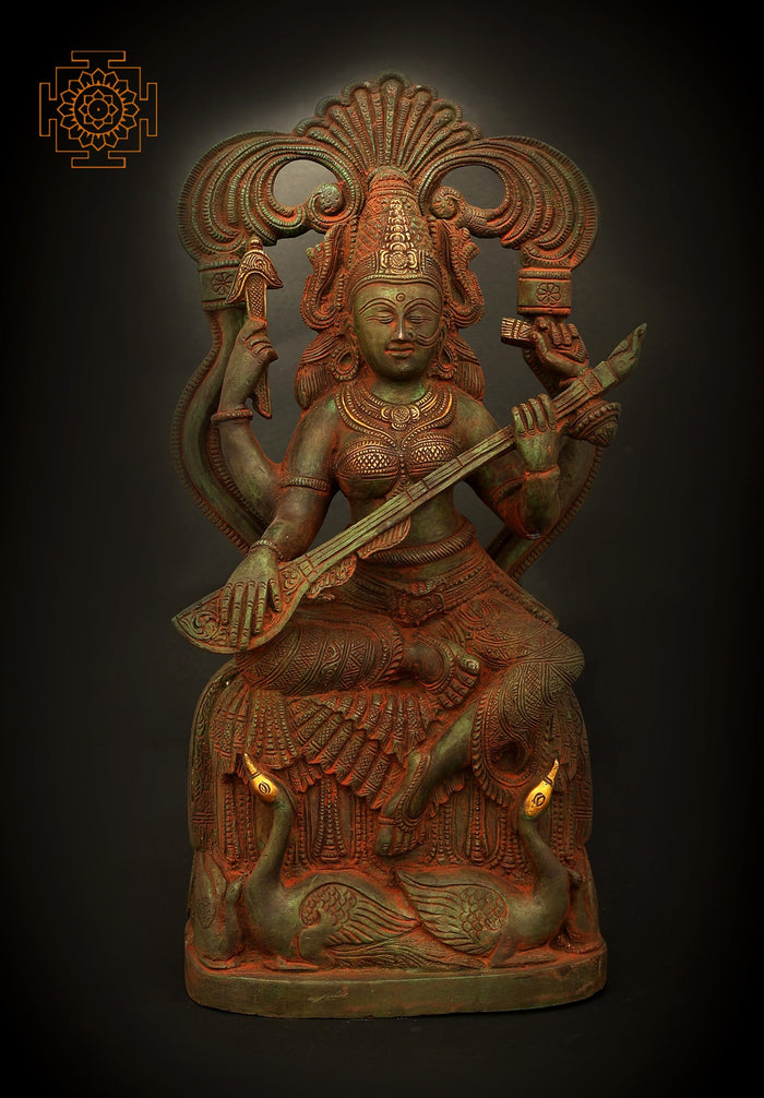7" Veenadhari Devi Saraswati with Two Swans At Her Feet | Handmade Brass Figurines