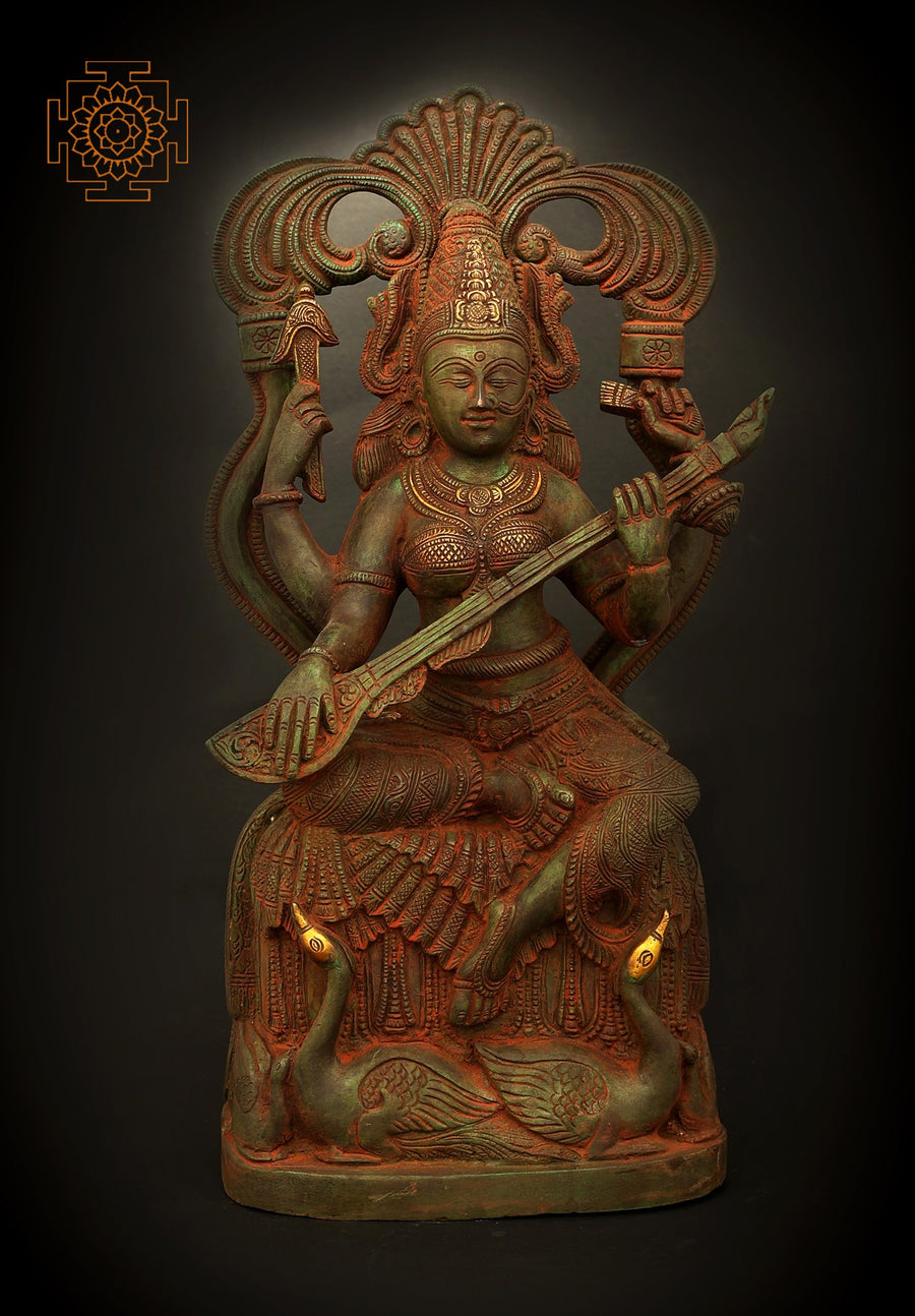 7" Handmade Brass Saraswati Statue with Swans - Veenadhari Devi Idol
