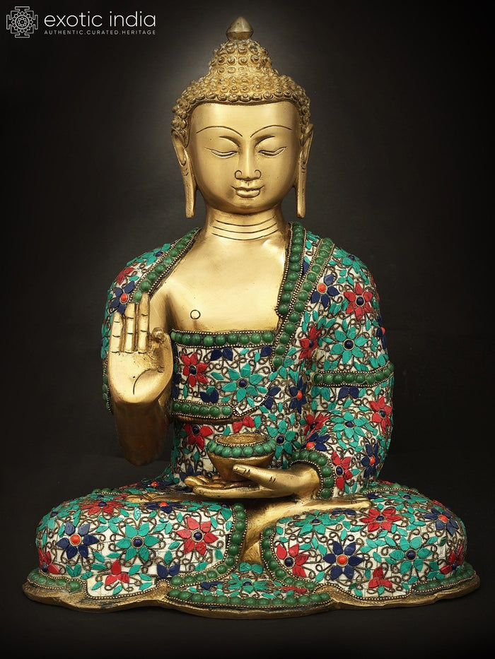 12" Shakyamuni Buddha Handmade Brass Statue with Floral Inlay