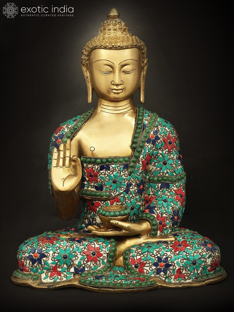 12" Shakyamuni Buddha Handmade Brass Statue with Floral Inlay