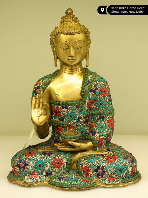 12" Shakyamuni Buddha With Floral Inlay Stone Work In Brass | Handmade | Made In India