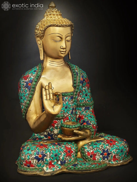 12" Shakyamuni Buddha With Floral Inlay Stone Work In Brass | Handmade | Made In India